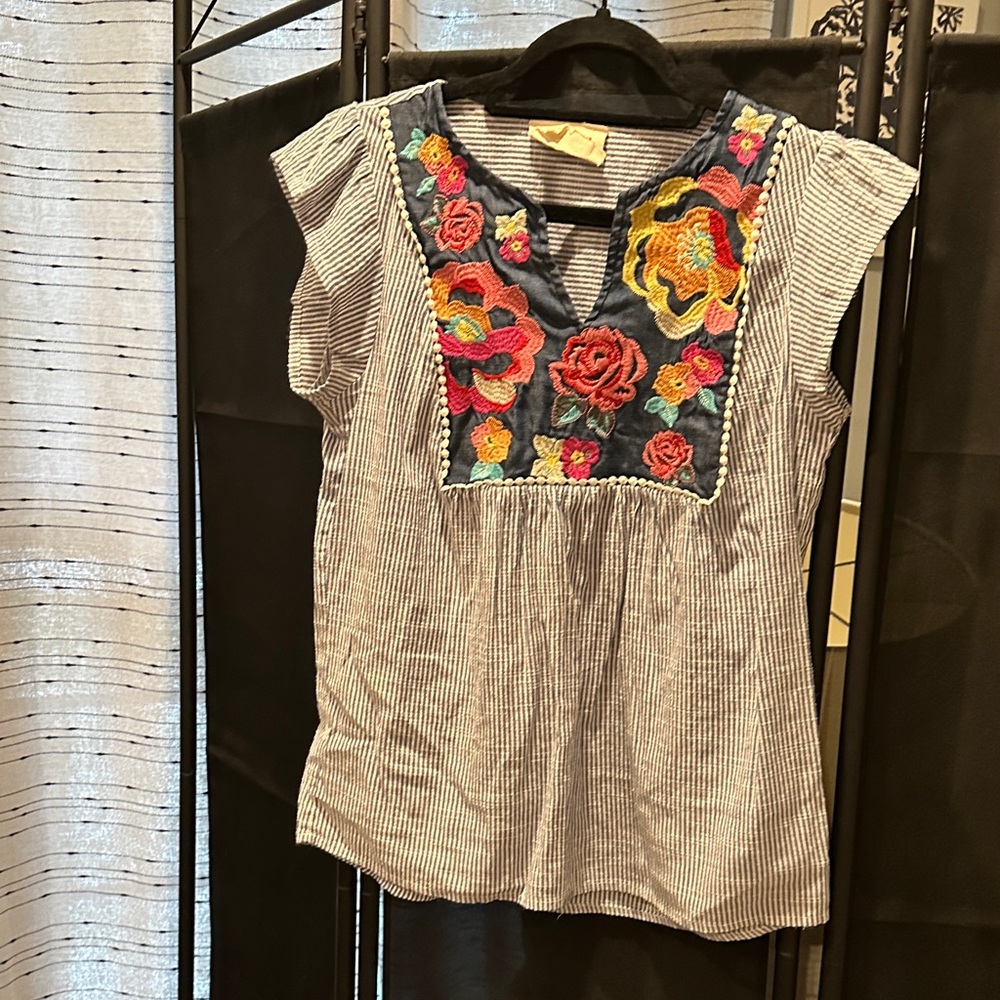 Savanna Jane Blue pin Striped Top with Floral Embroidery small